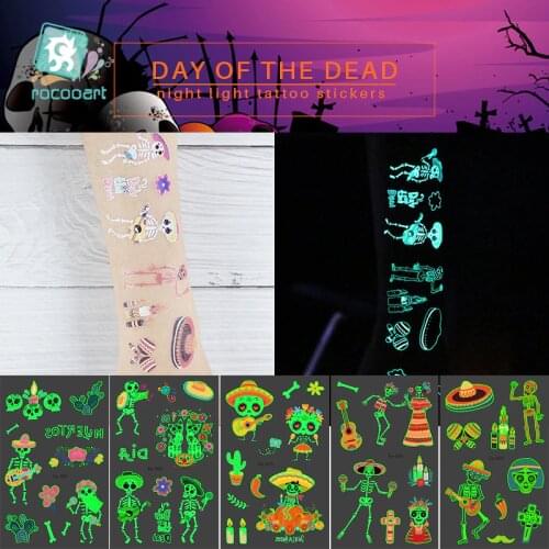 Rocooart Death Day Luminous Tattoo Skeleton Design For Kids Fake Tattoo Glowing in Dark Waterproof Temporary Tattoo Stickers
