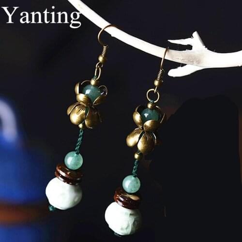 Yanting Ceramic Beads Earrings For Women Antique Copper Alloy Flower Accessories Aventurine Stone Vintage Earings Brincos 018