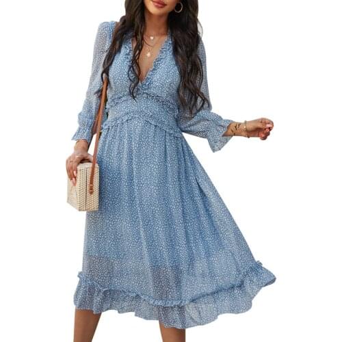 Chic Floral Print Women Chiffon Dress Fashion Ruffle Deep V-neck High Waist Maxi Dress Elegant Ladies Spring Autumn Long Dresses