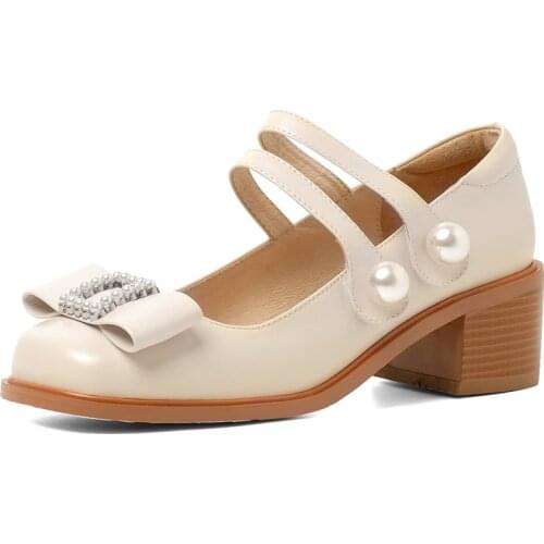 3.5cm / 5cm Mary Janes Shoes Genuine Leather Women Pumps Elegant Square Toe Mid Thick Heels Korean Style Lady Dress Shoes M270