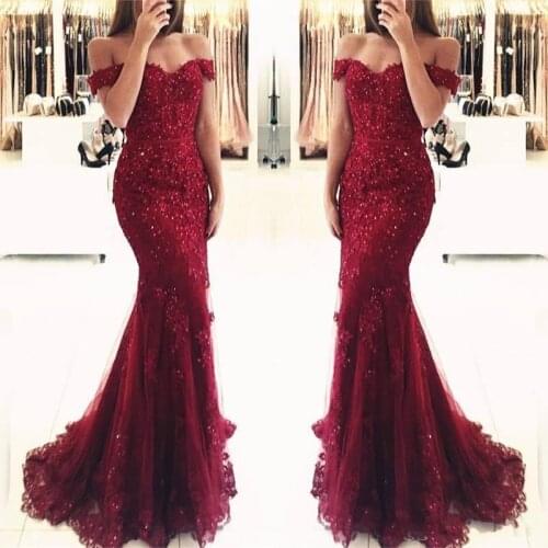 Vestido de festa Off The Shoulder Mermaid Burgundy Lace Bridemaid Dresses Beaded Applique Formal Prom Party Gowns
