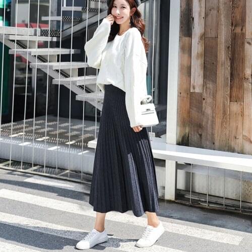 Womens Elegant Knitted Midi A-line Skirt Female Korean Casual High Waist Black Sweater Skirts Saias Faldas 2020 Winter SK422