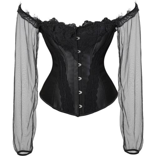 Overbust Appliques Corset Tops to Wear Out Women Lace Up Bustier Blouse Waist Trainer Off the Shoulder Tulle Long Sleeve y2k