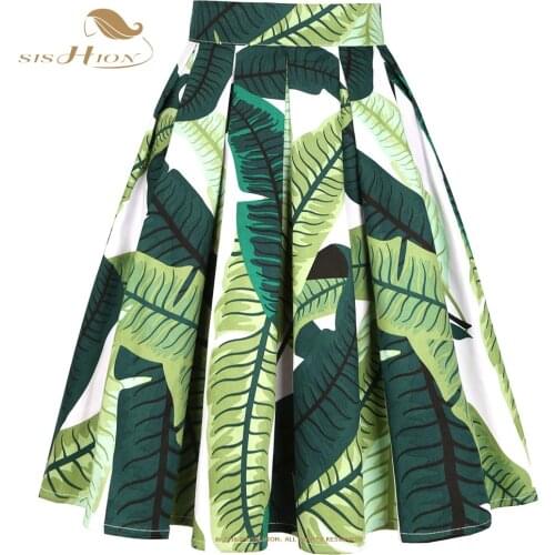 2021 High Waist Floral Rockabilly Pleated Skirts Womens Summer Red Green Women Vintage Skirt Midi Plus Size Clothing SS0012