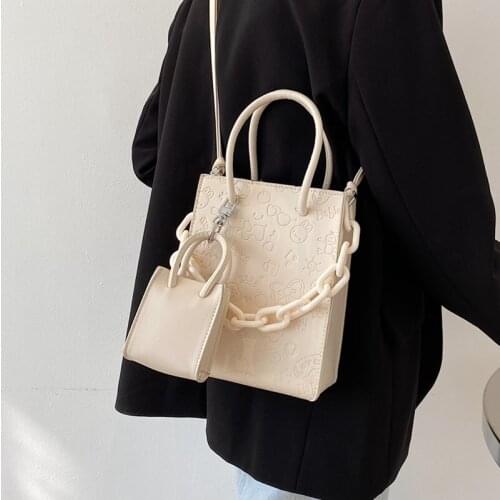 2 Piece Print Design Chain Tote Bags for Women High Quality Pu Leather Shoulder Bag Female Casual Square Crossbody Messenger Bag