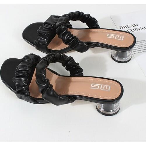 Ladies sandals 2021 summer new pleated material open toe mid-heel sandals, soft and comfortable female shoes 4.5 cm