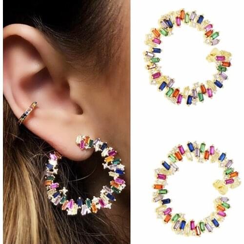 2020 Hot Luxury Women Fashion Stud Earring Gold Filled Rainbow Baguette Cubic Zirconia Round Circle Geometry Simpe Nice Earrings
