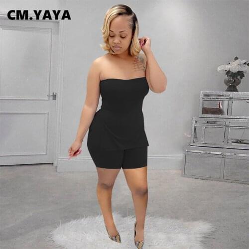 CM.YAYA Women Set Solid Sleeveless Strapless Split Tops Strechy Shorts Two Piece Set Sexy Streetwear Tracksuit Summer Outfits