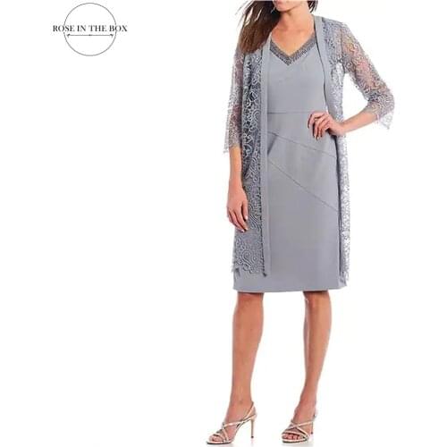 Plus Size Lace Jacket Beads Neck Mother of The Bride Dresses 3/4 Sleeve Knee Length Mother Evening Dresses Vestidos De Madrina