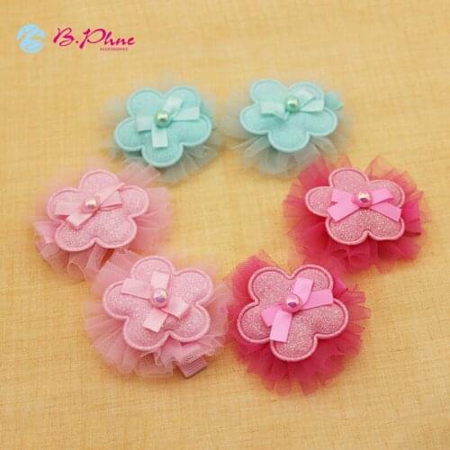 Pet Sweet flower net yarn joker lovely hairpin pearl ball pet manual headdress flower Dog hair accessories 10pcs