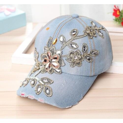 50pcs/lot new fashion flower crystal bead bling cap/ rhinestone denim snapback hats baseball caps 8 color for choose