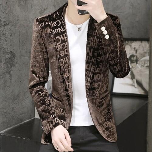 Golden Velvet Mens Letter Print Blazer Business 2021 Casual Slim Blazer Suit Jacket Luxury Club DJ Stage Clothes Terno Masculino