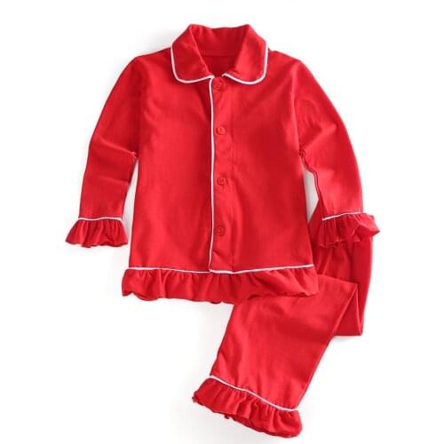 Boutique Winter Christmas Kids Long Sleeve Button Up Cotton Red Ruffle kids pyjamas girl Sets