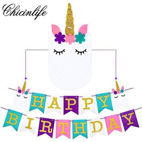 Chicinlife 1set Unicorn Happy Birthday Bunting Banner Rainbow Unicorn Party baby shower Decoration Girls Birthday Party supplies