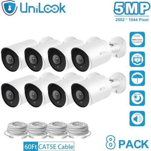 UniLook 5MP POE IP Camera with SD Card outdoor CCTV Security Camera onvif IP66 H.265 Audio Microphone Bullet camera 8Pack