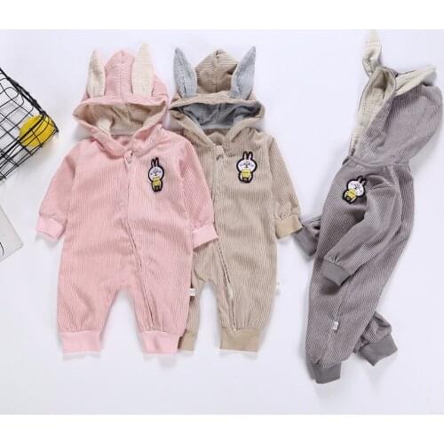 Infant Baby Boy Girls Sweater Rompers Solid Color Zipper Baby Overalls Rabbit Ear Hooded Childre Climbing Suits Spring Autumn