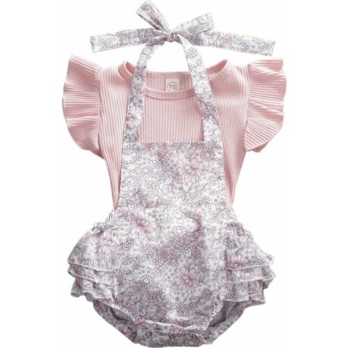 3PCS Newborn Baby Girl Clothes Outfit Solid Knit T-shirt Tops+Floral Lace-up Bodysuit Romper Two-pieces Set 0-24M