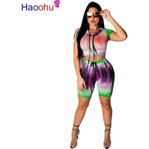 HAOOHU Tie Dye Two Piece Set Women Tracksuit Crop Top and Biker Shorts Festival Clothing Sexy Club Summer Outfits Matching Sets