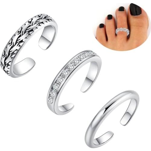 3 Pieces Set Retro Toe Ring for Women Girls Adjustable Opening Rhinestone Copper Finger Foot Jewelry Wholesale Gifts