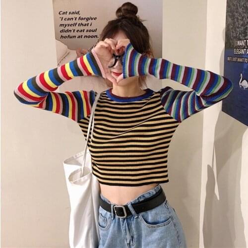 Hot Sale Wholesale Fashion Slim Short T-shirt Female Tops Striped Knitted Tops Long Sleeve O-Neck Casual T-Shirts New
