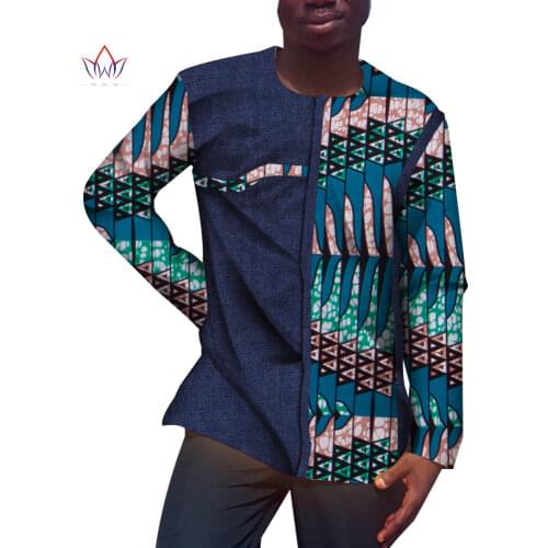 Men Patchwork Top Shirt African Clothes Bazin Riche African Men Clothing Casual Cotton O Neck Long Sleeve Mens Top Shirts WYN973