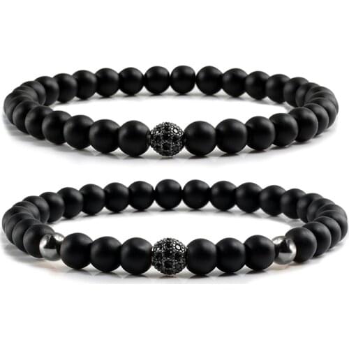 Classic Natural Stone Men Bracelets Charm Micro Pave CZ Ball Women 6mm Black Matte Beads Bracelet Yoga Jewelry