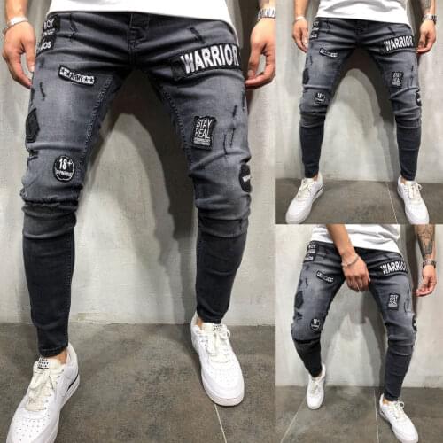 Men Fashion Pants Skinny Stretch Hip Hop Casual Distressed Ripped Freyed Pants Streetwear