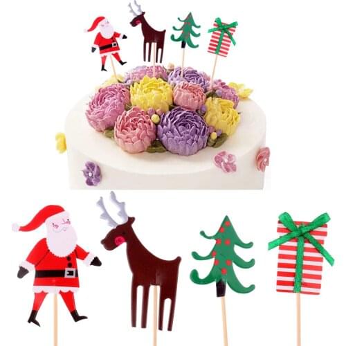 Set of 24pcs Merry Christmas Santa Elk Tree Cake Topper Holiday New Year Cupcake Picks Cake Muffin Dessert Food Picks Favors