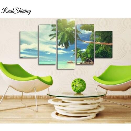 5 Panel Beach Palm beach clouds Diamond Embroidery Full Square Round Drill Mosaic Set Diamond Painting Sale Landscape F654