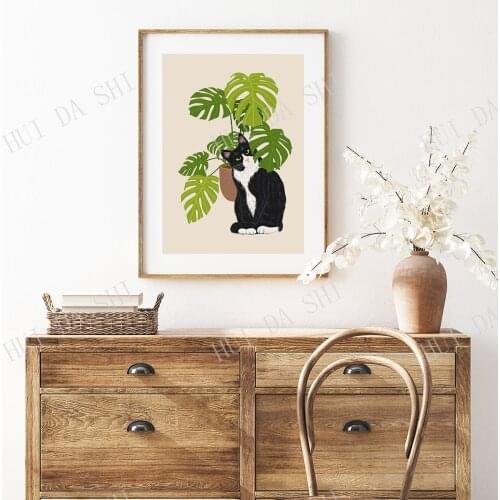 Cat Wall Art, Black Cat Print, Cat Lover Gift, Modern Wall Art, Home Decor wall art, Tropical plant, Monstera Leaves