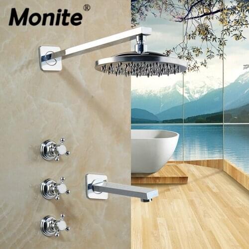 Monite Chrome Polish Adjustable Rain Shower Bar Wall Mounted Shower Faucet W/ Round Shower Herad Water Mixer Shower sets