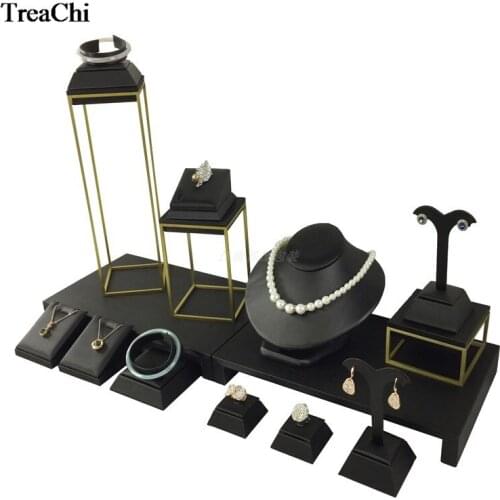 New Soft Black PU Necklace Ring Earring Stud Bracelet Display Holder Stand Stainless Steel Jewelry Window Counter Showcase Set