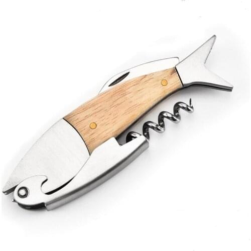 Wooden Fish Bones Stainless Steel Wine Opener Bottle Corkscrew Opener Home Kitchen Bar Tool LX4673