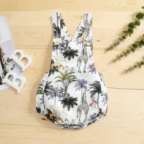 Newborn Baby Girls Casual Jumpsuits Overalls Toddler Sleeveless Animal & Forest Print Cross Shoulder Strap Suspender Pants