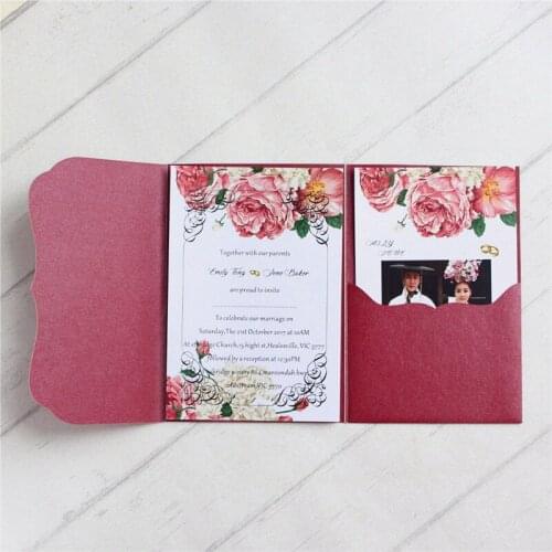 Burgundy cards invitations pockets tri-folded wedding invitation kits multi colors offer customized printing
