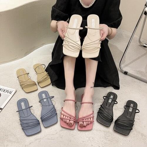 Slippers Women Summer 2021 Korean Version New Square-toe Flat-heel Candy Color Fashion Outer Wear Sandals Slippers Black Khaki