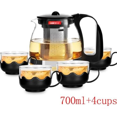 Glass Teapot 700ML Heat Resistant Glass Tea Set + Filter Tea Pot+4*Tea Cups 150ml Teapot Coffee Puer Pot Kettle