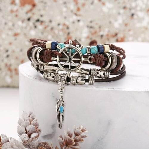 Laramoi Trend Multilayer Leather and Rope Braided Bracelet Creative Retro Rudder Feather Mens Bracelet New Fashion Jewelry