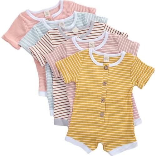 0-24M Newborn Baby Boys Girls Ribbed Knitted Short Sleeve Striped Print Button Jumpsuit Playsuit