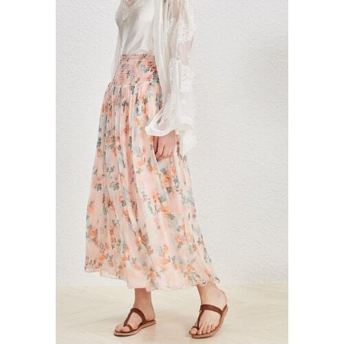 Women Skirt 2019 Light Silk Pink Orange Floral Elastic High Waist Skirt