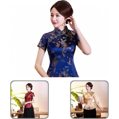 Women Vintage Chinese Style Dragon Phoenix Print Cheongsam Shirt Lady Women Cheongsam Shirt Slim for Daily Wear