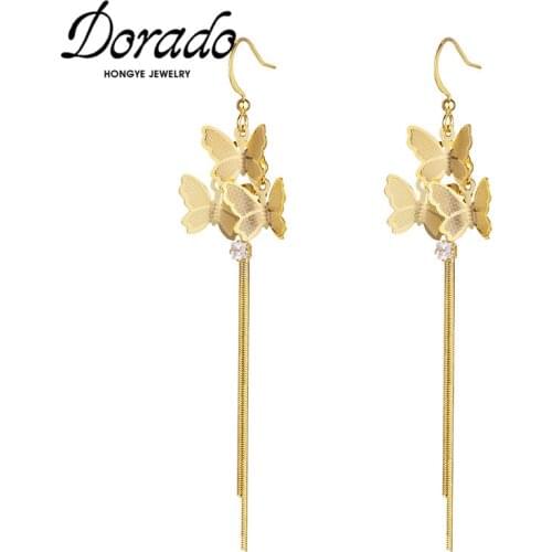 Dorado New Charm Butterfly Tassel Drop Earrings for Women Pendientes Long Chain High Quality Metal Jewelry Dangle Brincos Zircon