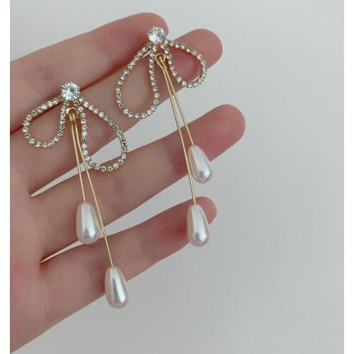 Trend Rhinestone Bowknot Earrings for Women Long Chain Tassel Temperament Pearl Drop Pendant Earring Jewelry Gift