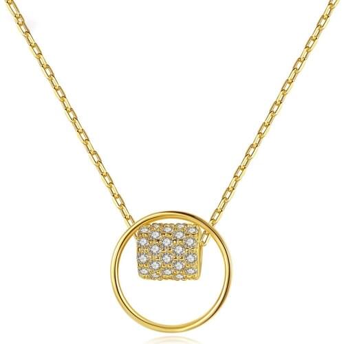 MetJakt S925 Sterling Silver Zircon Double Ring Pendant 18K Gold Plated Simple Personality Ladies Necklace