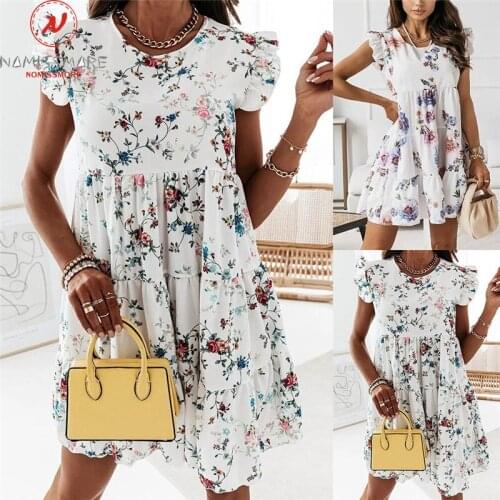 Fashion Women Sumemr Print A-Line Dress Patchwork Design Ruffles Decor V-Neck Butterfly Short Sleeve High Waist Slim Mini Dress