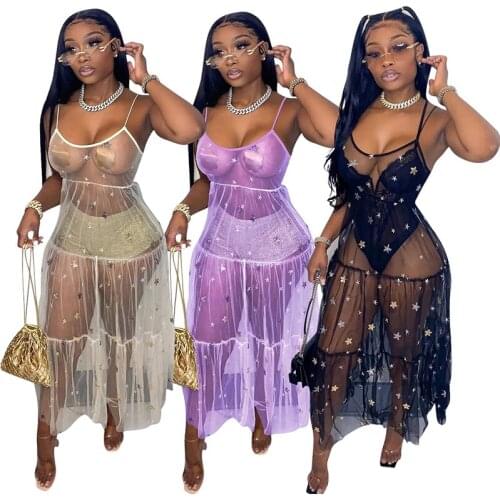 Women Dress Mesh See Through Sleeveless Strap O-neck Sequins Loose Long Maxi Dresses Summer New Fashion Sexy Beach Outfit 2021