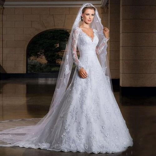 Vintage Sexy V-Neck Full sleeves Wedding Dresses A-Line Custom-Made Bridal Gown Plus Size Vestido De Noiva WD431
