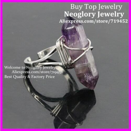 10PCS Natural crystal Adjustable Finger Rings Gems Stone Hexagonal Point Reiki Chakra Beads Jewelry Unisex Silver Plated