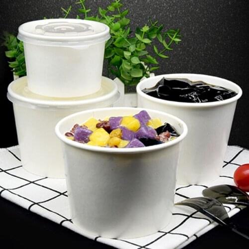 50pcs Disposable White Bowl Round Salad Box Takeaway Package Party Wedding Favor Rice Soup Food Thick Paper Cups With Lid