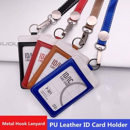 PU Leather ID Card Badge Holder Business Exhibition Working ID Card Case Name Tag With Neck Lanyard